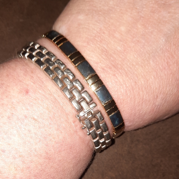 Vintage two tone stretch bracelet, art deco style metal - Picture 7 of 10